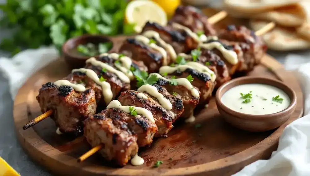 découvrez notre recette savoureuse de kebabs à l’agneau rôti généreusement garnis et accompagnés d’une sauce à l’ail onctueuse, idéale pour un repas convivial et plein de saveurs orientales.