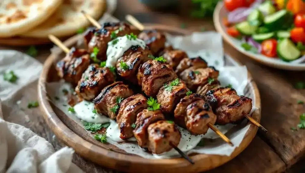 découvrez l'irrésistible saveur des kebabs à la viande d'agneau grillée, accompagnés d'une onctueuse sauce yaourt. une explosion de goûts qui ravira vos papilles à chaque bouchée. parfait pour un repas rapide mais savoureux !