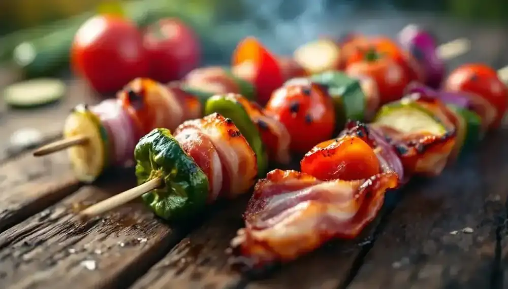 découvrez une explosion de saveurs avec nos kebabs au bacon grillé, agrémentés de légumes frais et croquants. une délicieuse recette qui allie le goût fumé du bacon à la fraîcheur des légumes, parfaite pour un repas rapide et savoureux.