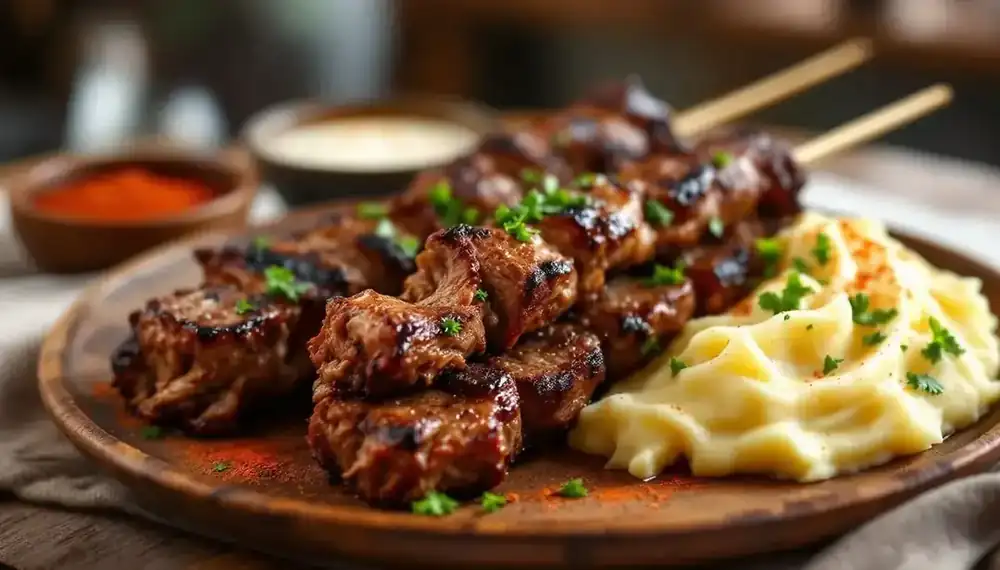 découvrez une recette savoureuse de kebabs au bœuf effiloché accompagnés d'une purée de pommes de terre onctueuse. facile à préparer, ce plat gourmand ravira toute la famille !