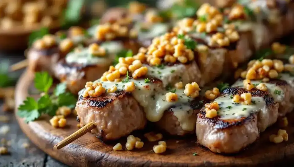 savourez nos délicieux kebabs garnis de fromage bleu onctueux et de noix grillées croquantes pour une explosion de saveurs unique.