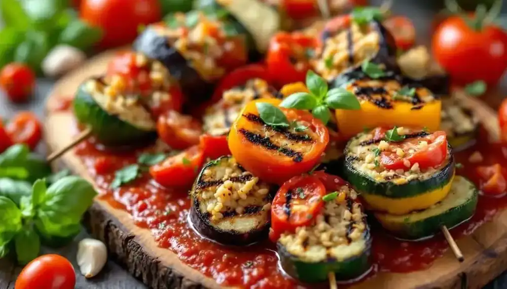 découvrez notre délicieux kebab aux légumes farcis, accompagné d'une savoureuse sauce tomate maison. un mélange parfait de saveurs saines et réconfortantes qui ravira vos papilles. idéal pour un repas gourmand et équilibré!
