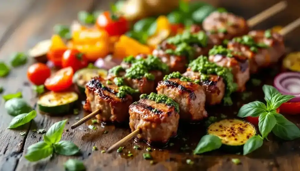 découvrez des kebabs gourmands au pesto de basilic, accompagnés de légumes rôtis savoureux. une recette originale, colorée et pleine de saveurs méditerranéennes, idéale pour un repas sain et convivial.