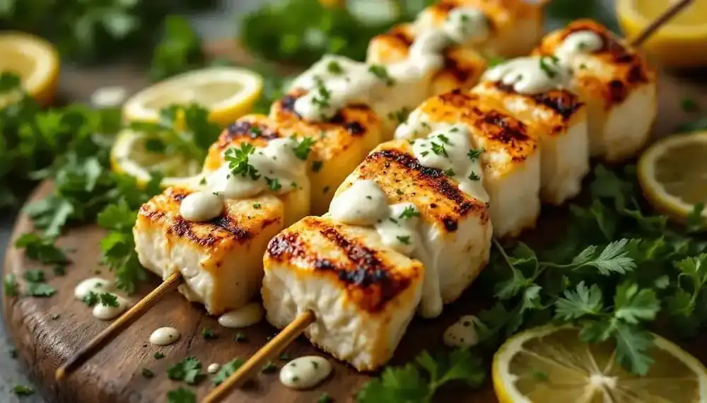 découvrez nos savoureux kebabs au poisson blanc, délicatement préparés et accompagnés d'une sauce citronnée rafraîchissante. une explosion de saveurs maritimes à chaque bouchée qui ravira vos papilles!