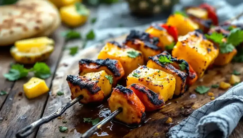 découvrez notre recette savoureuse de kebabs au poulet mariné à l’ananas et aux épices douces : une alliance sucrée-salée qui séduira vos papilles lors de vos grillades d’été.