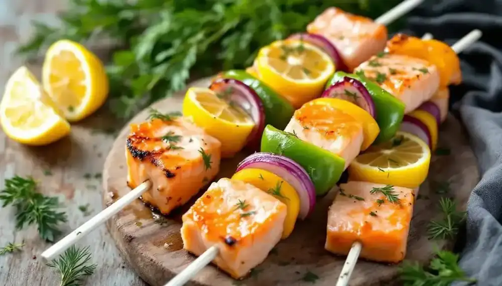 découvrez une recette savoureuse de kebabs au saumon mariné, agrémentés d'aneth frais, qui allie fraîcheur et goût dans chaque bouchée. parfait pour un repas gourmand et original !