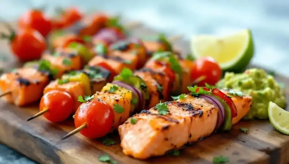 découvrez notre recette originale de kebabs au saumon fumé accompagnés d'un guacamole maison frais et savoureux, idéale pour un repas sain et gourmand.