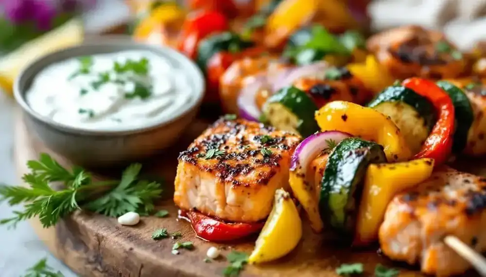découvrez notre recette de kebabs au saumon rôti, accompagnés de légumes croquants pour un repas savoureux, sain et coloré. idéal pour une pause gourmande et équilibrée !