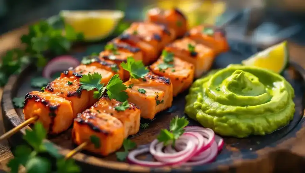 découvrez une recette originale de kebabs au saumon mariné accompagnés d'une onctueuse purée d'avocat. une alliance savoureuse et fraîche, idéale pour un repas sain et gourmand.
