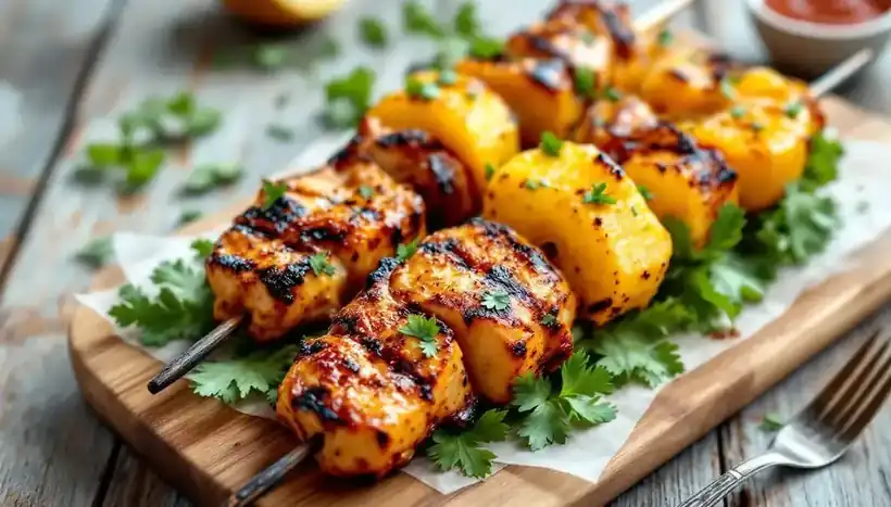 découvrez notre recette de kebabs au poulet mariné à l’ananas et aux épices douces : une alliance savoureuse de sucré-salé et de tendreté, parfaite pour égayer vos repas en toute simplicité.