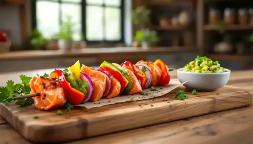découvrez notre recette originale de kebabs au saumon fumé accompagnés d'un guacamole maison frais et savoureux, idéale pour un repas gourmand et équilibré.