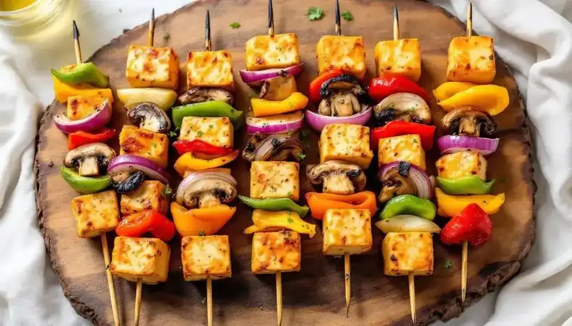 découvrez une recette savoureuse de kebabs au tofu épicé accompagnés de légumes sautés, idéale pour un repas végétarien gourmand et plein de saveurs !