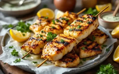 Les kebabs au bacon grillé et sauce aigre-douce